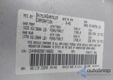 2006 Dodge Durango Slt из США, поврежденный, VIN 1D4HB48286F108692